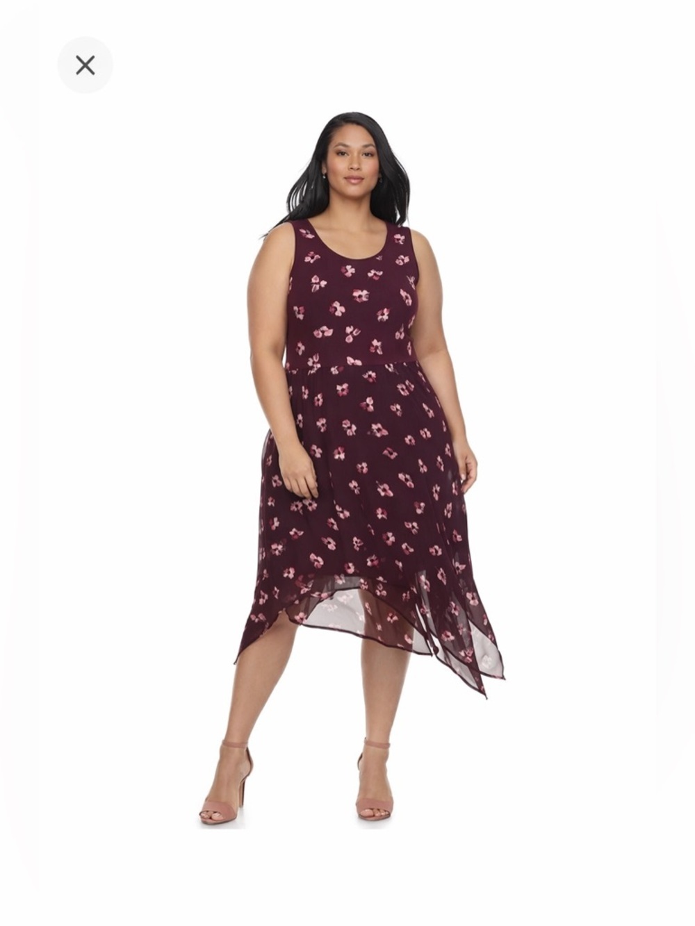 Elle Maroon Asymmetrical Floral midi Dress